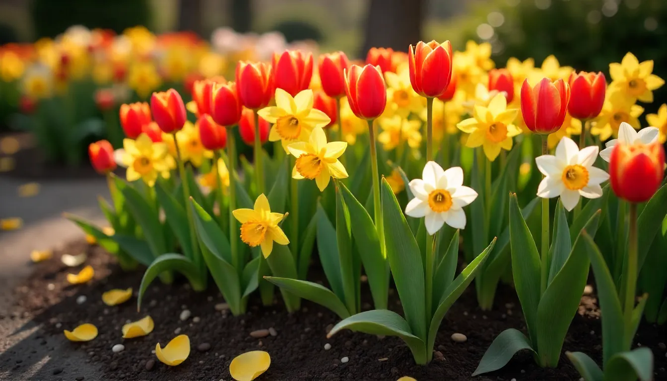 Spring flower bed with tulips and daffodils