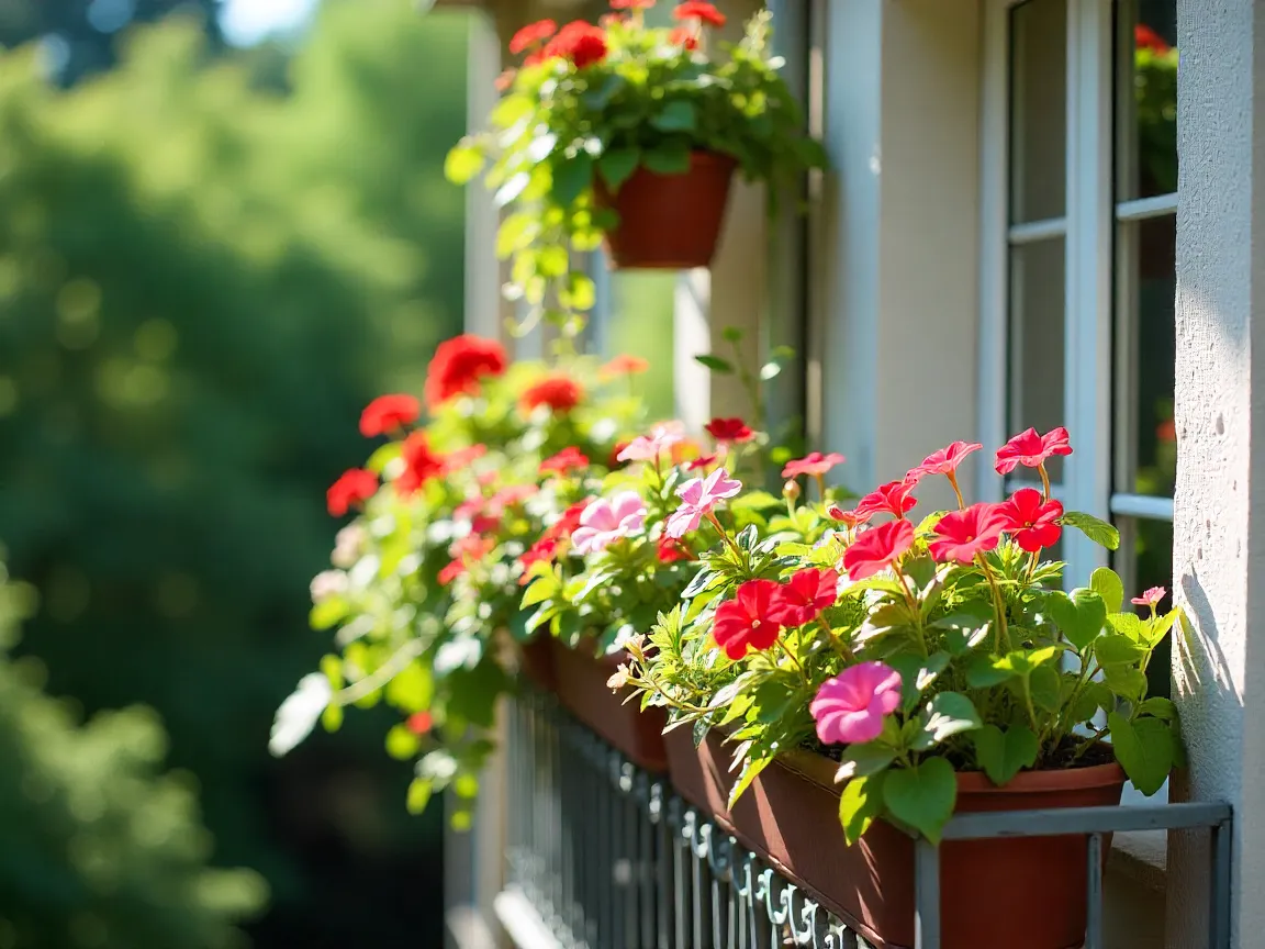 Summer balcony garden with petunias and geraniums